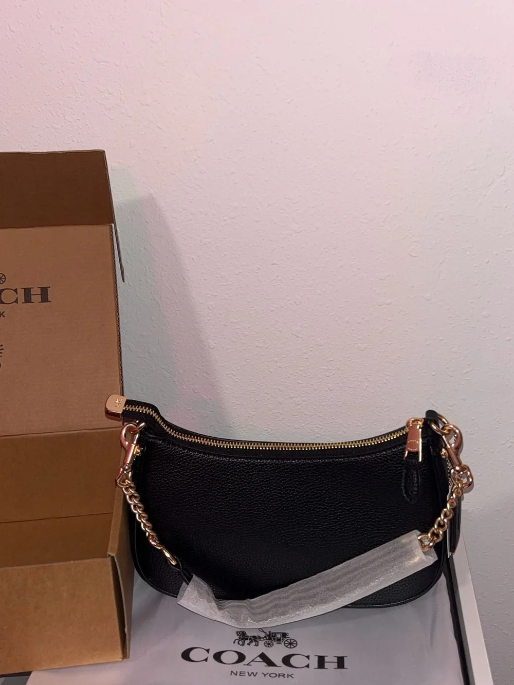 Coach Black Pebbled Leather Crescent Shoulder Bag with Gold Hardware